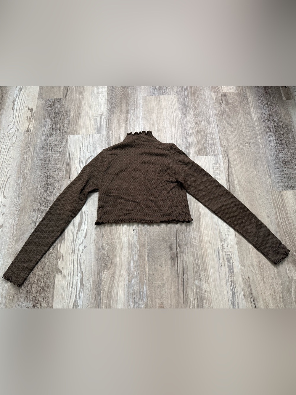 Garage Brown Long Sleeve Cropped Ruffle Mock Neck Top